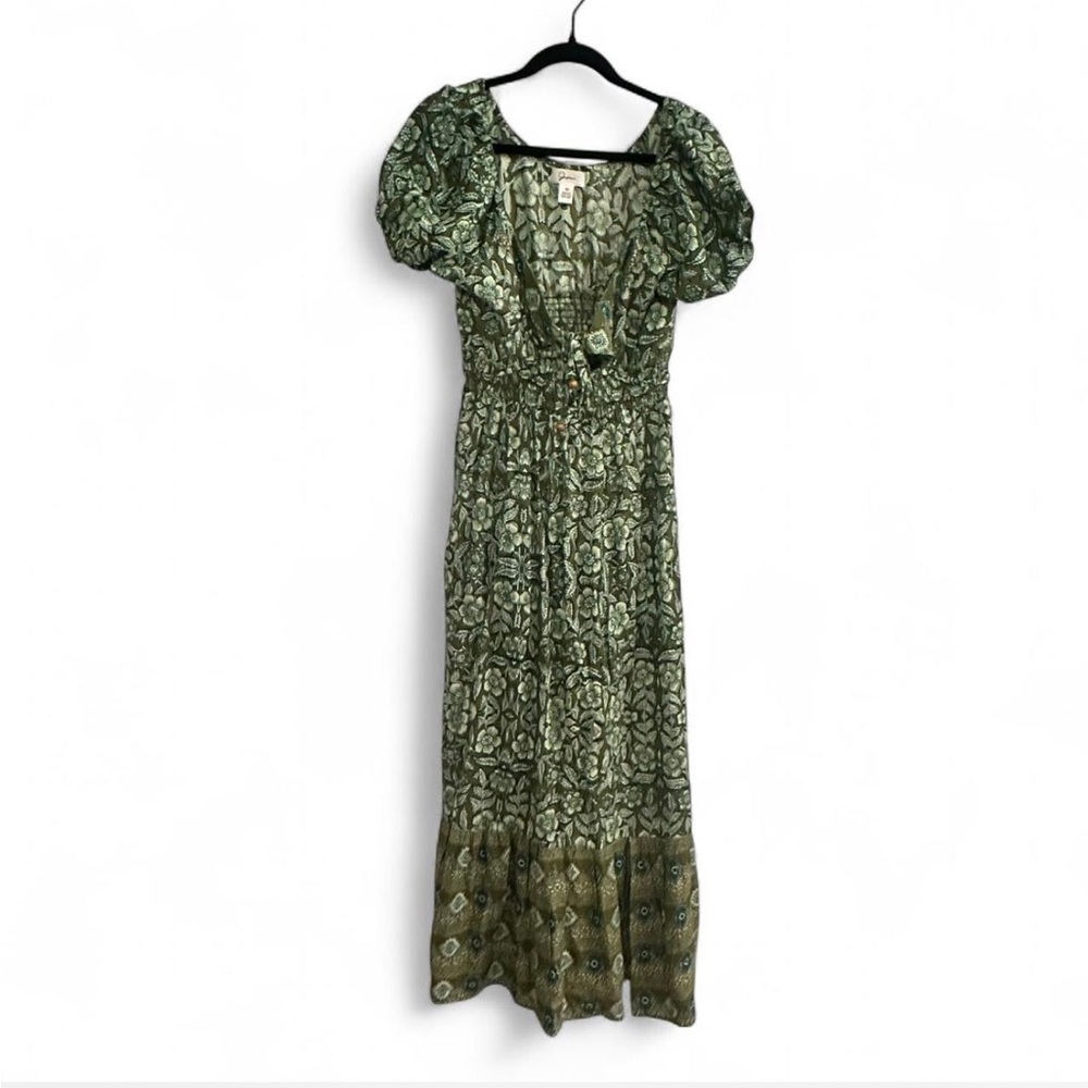 Japna Women’s Medium Green Puff Sleeve Peek-A-Boo Maxi Floral Maxi Dress